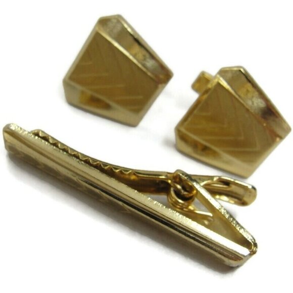 Asymmetrical Cufflinks Tie Clip Set Gold Tone Wedding Tux Vintage - Picture 4 of 16